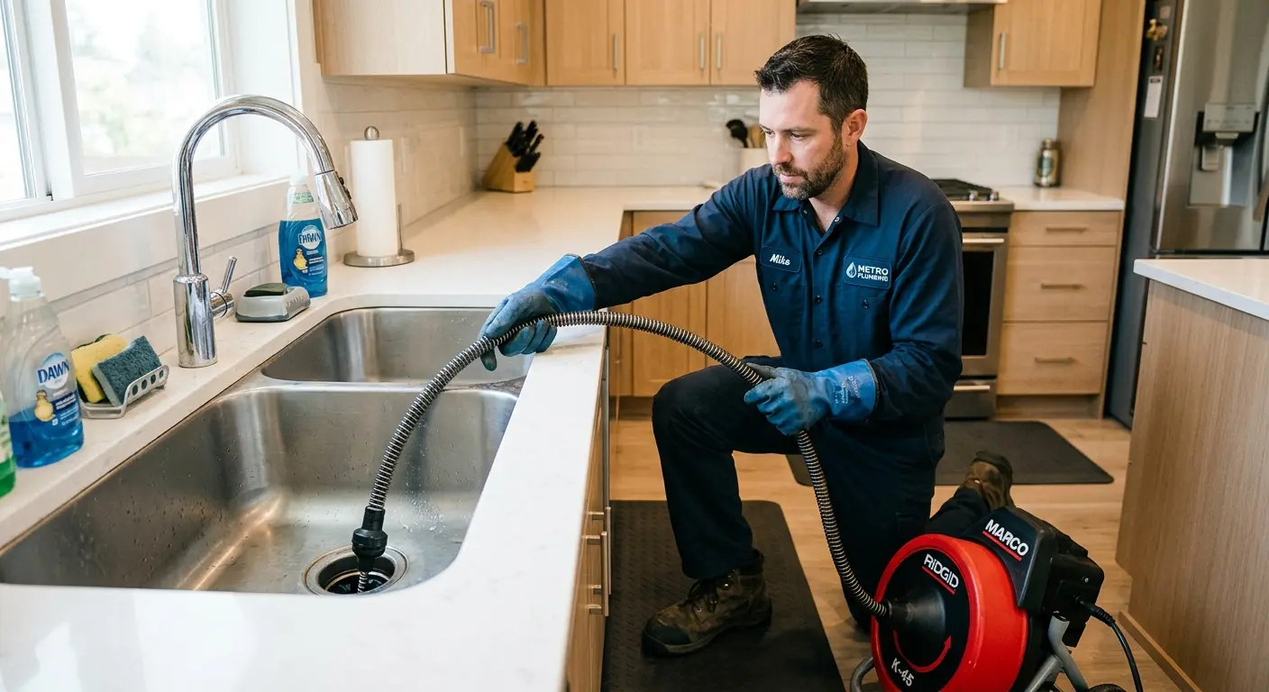 Drain cleaning technician using a motorized snake on a kitchen sink in Massac