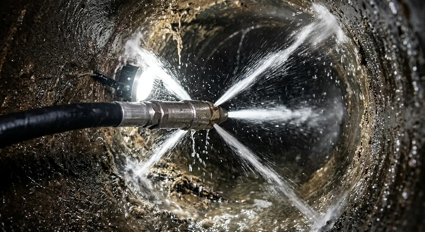 High-pressure hydro jetting nozzle cleaning sewer pipe for Emergency Drain Service in Massac