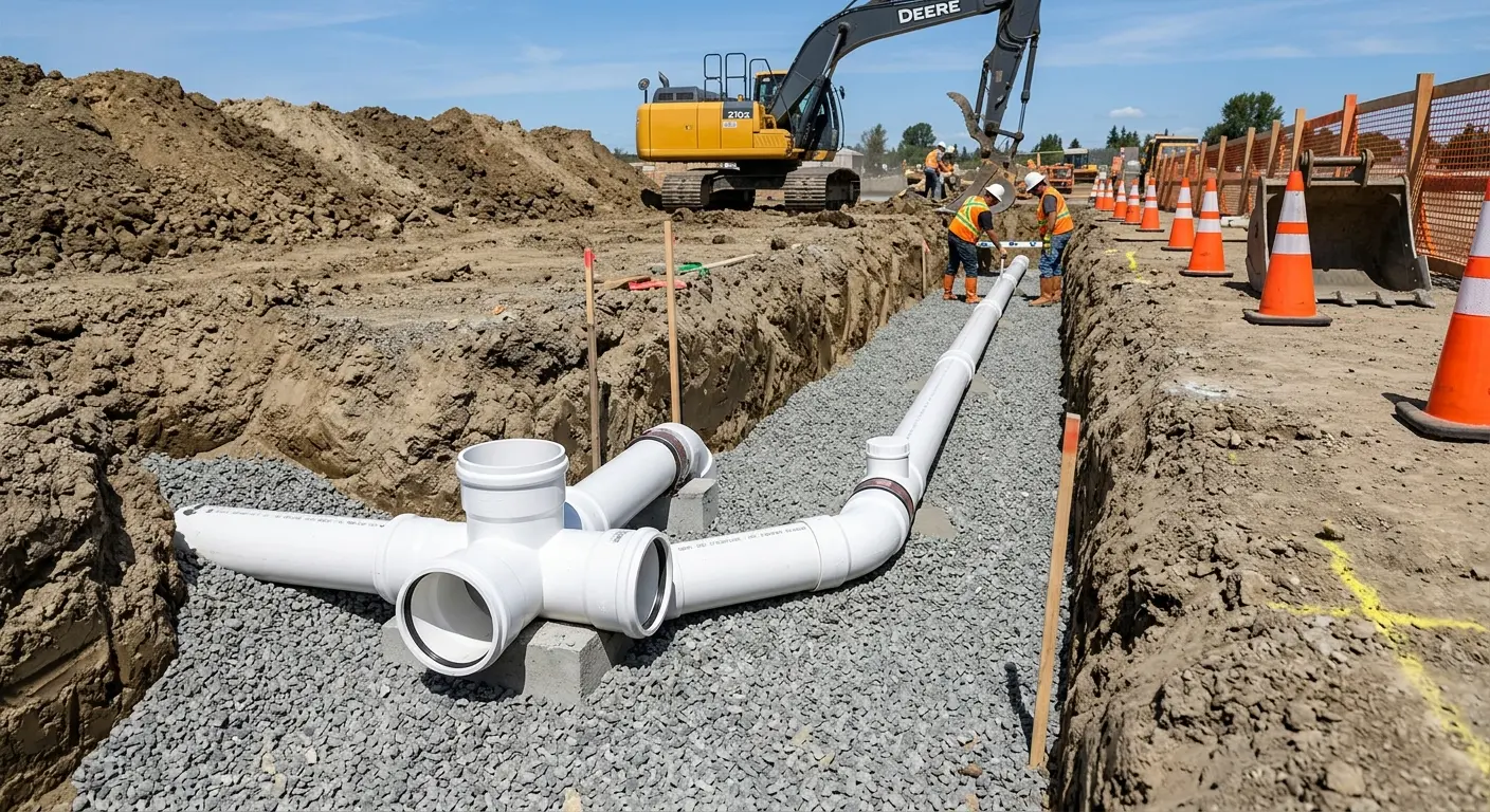 New PVC sewer pipe installation in open trench for Sewer Backup in Massac