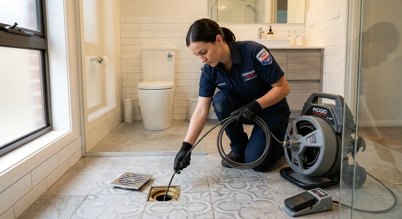 Technician clearing a bathroom floor drain for Drain Cleaning in Massac